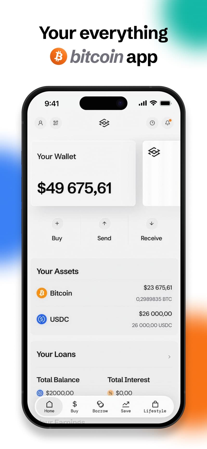 Sats Terminal wallet home screen showing the total balance and Bitcoin and USDC holdings
