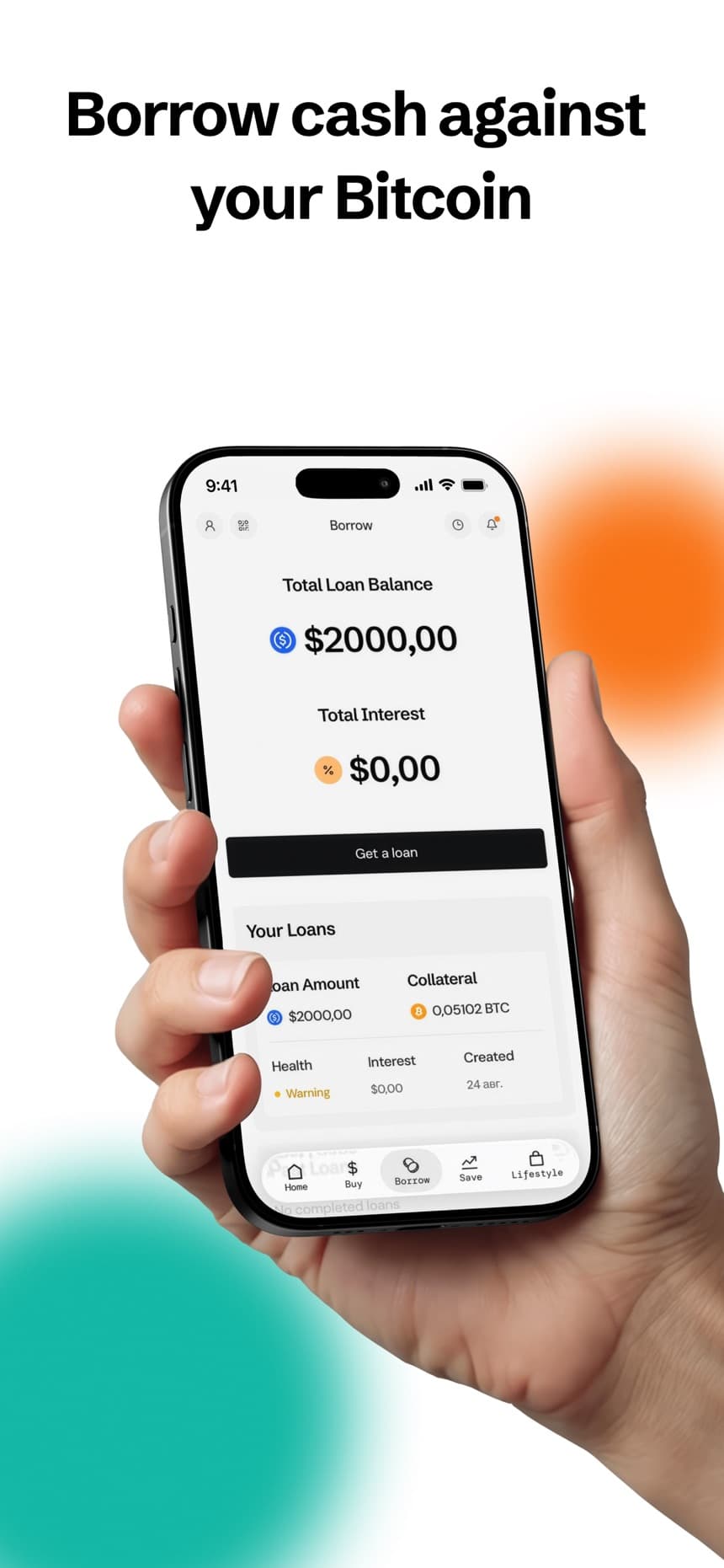 Sats Terminal borrow screen showing the total loan balance, interest and an active Bitcoin-backed loan