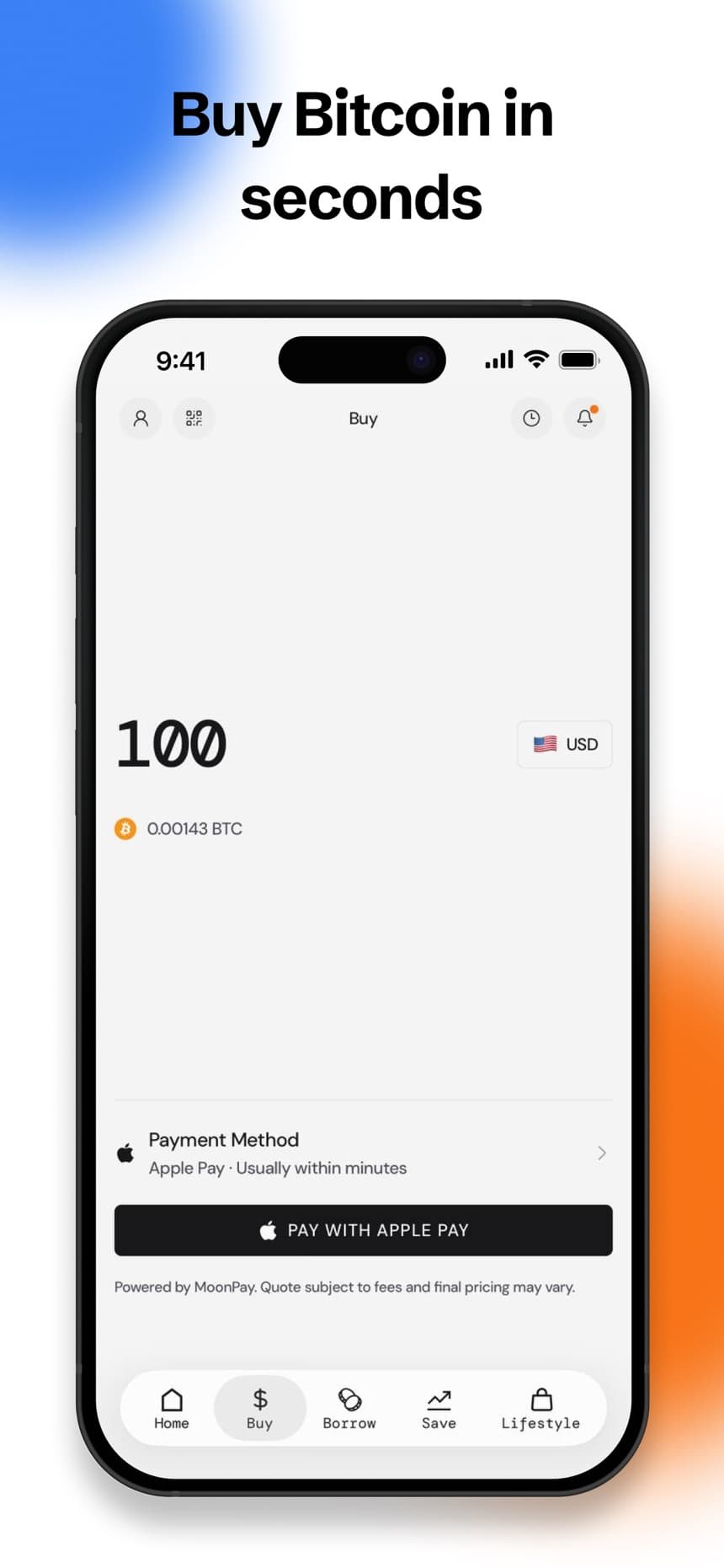 Sats Terminal buy screen showing a Bitcoin purchase paid with Apple Pay