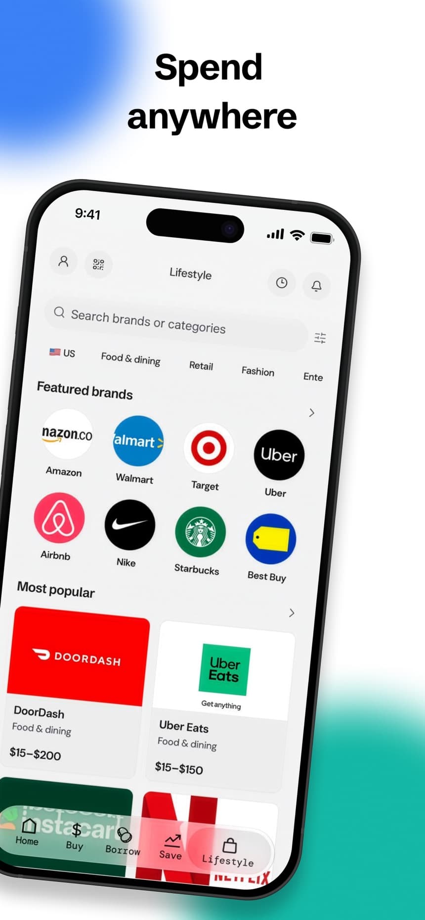 Sats Terminal spend screen showing gift cards from popular brands